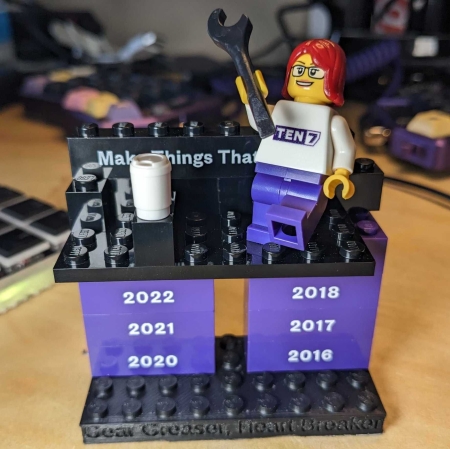A Lego mini-figurine with red hair, glasses, holding a wrench, on a platform that says Make Things That Matter plus six bricks for the years 2018 through 2023