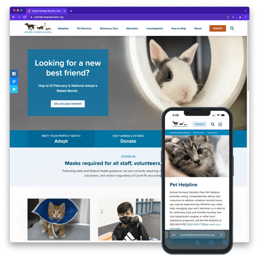 Animal Humane Society web page with mobile image insert