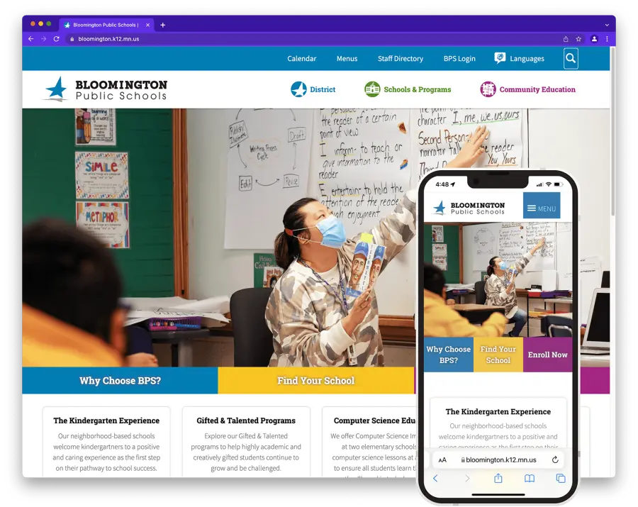 bloomington public schools web page with mobile image insert