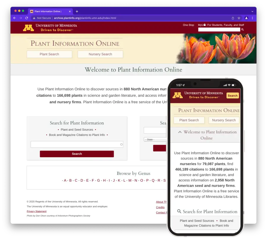University of Minnesota Plant Info web page with mobile image insert
