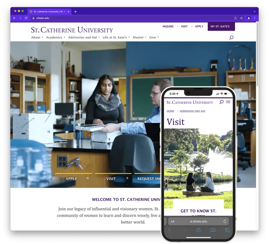 Saint Catherine University web page with mobile image insert