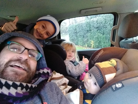 Max Starkenburg and kids in car