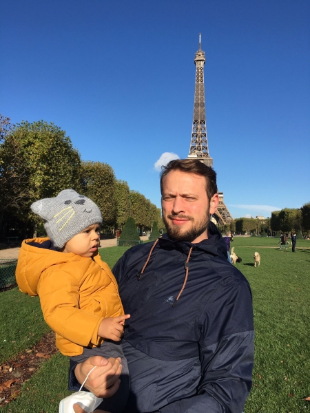 Matthieu Scarset and son at Eiffel Tower