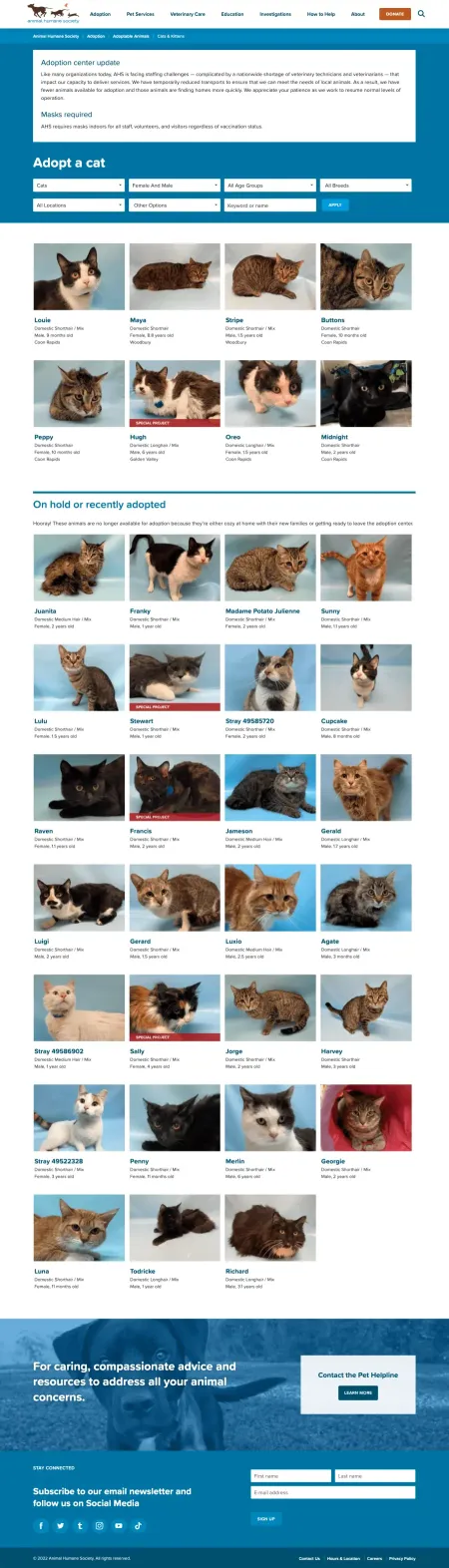 Animal Humane Society adoption web page