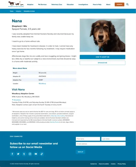 Animal Humane Society adoption web page